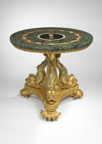 A Regency Carved Giltwood and Pietre Dure Centre Table Inlaid with the Hansard Crest, Circa 1809