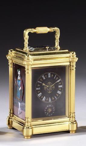 A.H. RODANET, PARIS, no.2599.  A Late 19th century French Repeating Carriage Alarm Clock with Three Limoges Enamel Panels  