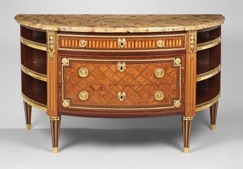 A Louis XVI Ormolu Mounted Kingwood, Sycamore, Tulipwood, Ebony and Parquetry Demi-lune Commode a L'Anglais, Attributed to F Schey Circa 1780