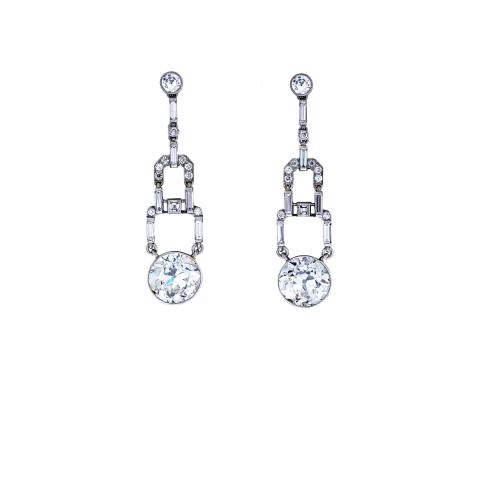 Platinum set Art Deco diamond fine drop earrings