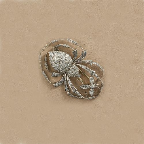 Platinum Art Deco 1920c spider and fly brooch