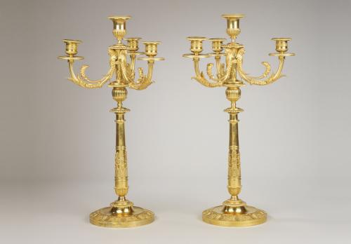 A Pair of Directoire Ormolu Three Light Candelabra, Attributed to Pierre-Philippe Thomire  Circa 1800