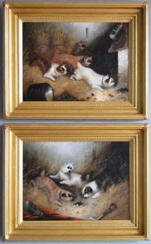 Pair of oil paintings with terriers ratting in a barn by Edward Armfield