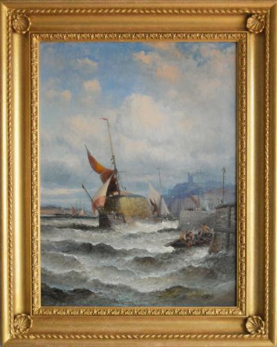 Seascape oil painting of a hay barge on the Medway by Hubert Thornley