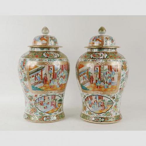 Pair of Chinese Export Porcelain Canton Vases & Covers, Circa 1840.
