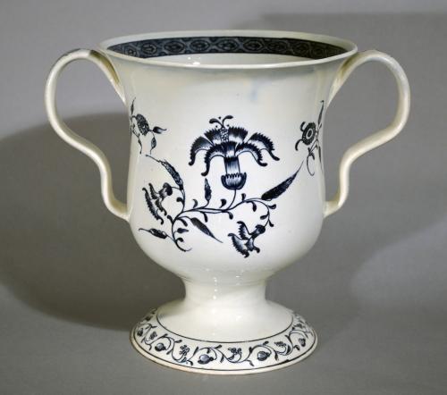 Antique English Pottery Underglaze Blue & White Pearlware Loving Cup, Circa 1820.