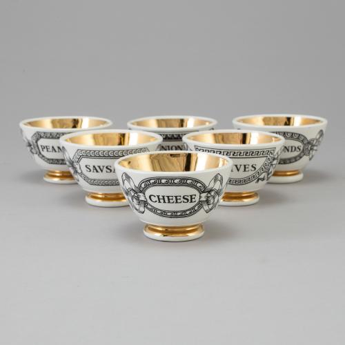 Piero Fornasetti Set of Six Bar Snack Bowls or Appetizer Bowls, 1960s.
