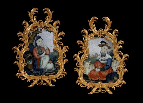 Rare Pair of Chinese Export (China Trade Paintings) Reverse Glass Painted Mirror Pictures  China  Circa 1775