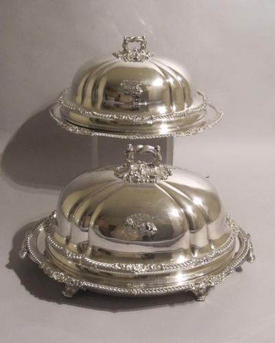 OLD SHEFFIELD PLATE SILVER VENISON DISH AND COVER WITH MATCHING MEAT DISH & COVER, CIRCA 1825