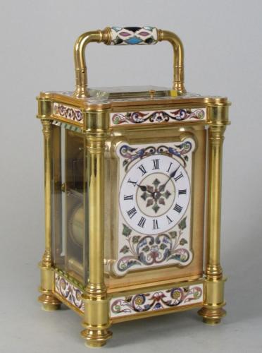 A French carriage clock with unusual enamelled decoration carriage clock