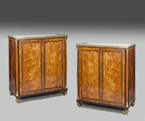 A Pair of Georgian Period Satinwood Two Door Cabinets England Circa 1800