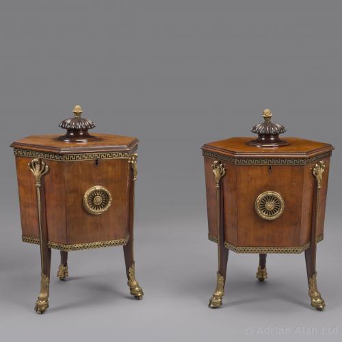 Rare Pair of Late George III Gilt-Bronze Mounted Mahogany Wine Coolers or Cellarettes