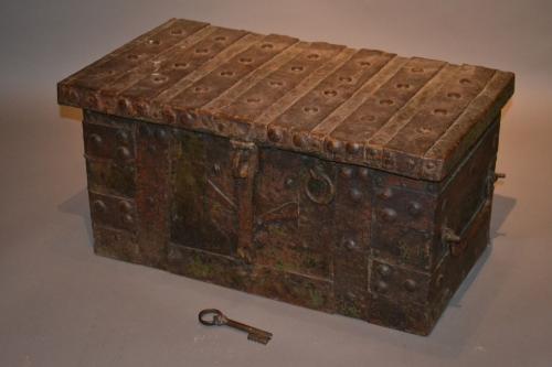 A 15th/16th century oak iron bound strongbox