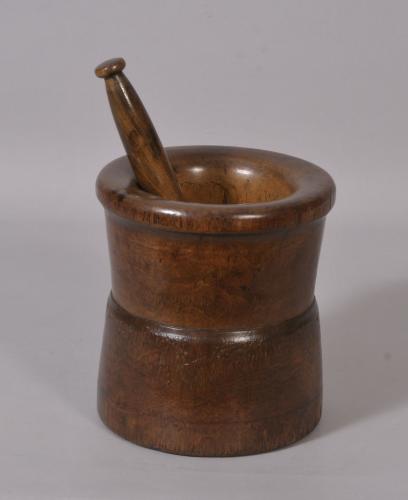 S/3084 Antique Treen 18th Century Fruitwood Pestle and Mortar