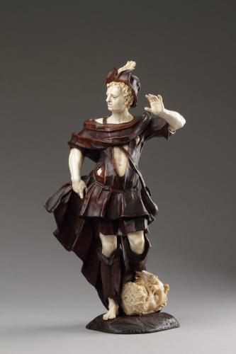 Rare South German Baroque Large Carved Walnut and Ivory Figure of David with the Head of Goliath