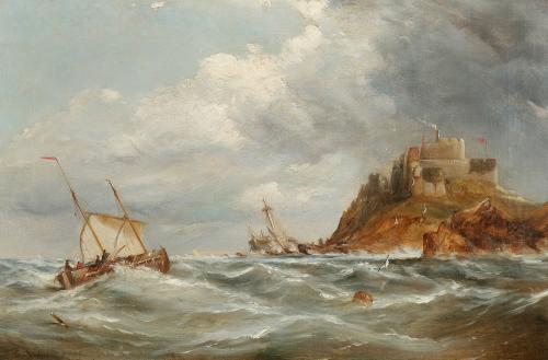 Shipping off Mont Orgueil, Jersey. George Chambers, Snr. (1803-1840).