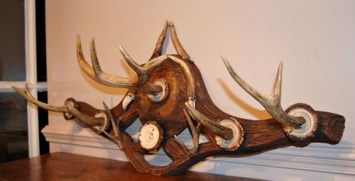 Carved Wood Coat Rack with Antlers, Late 19th century