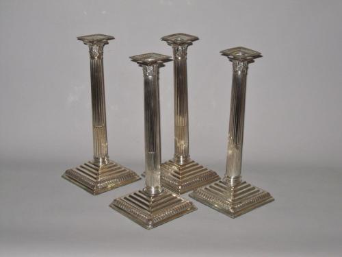 Set of four old Sheffield plate silver candlesticks. Circa 1765