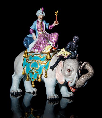 Rare early 19th century Meissen group of The Sultan riding on the back of an elephant 