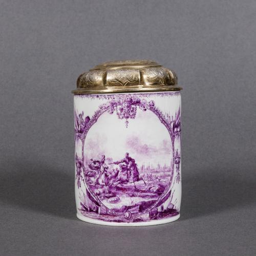 A rare small Meissen tankard painted in a purple camieu with an intricate continuous battle scene 
