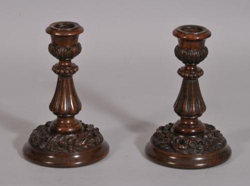 S/3227 Antique Treen Pair of 19th Century Walnut Candlesticks