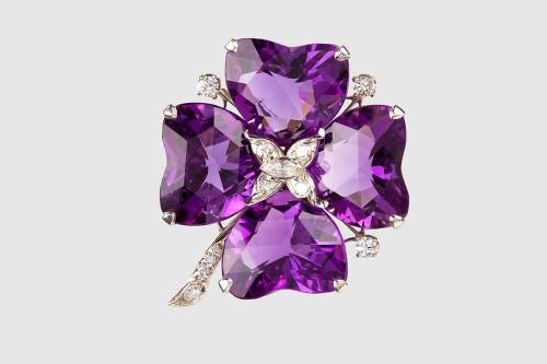 Amethyst and Diamond Four Leaf Clover Brooch mounted in Platinum, USA circa 1950