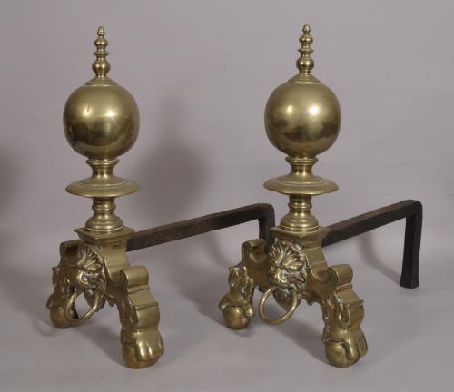 S/3389 Antique 19th Century Pair of Brass Andirons (Fire Dogs)