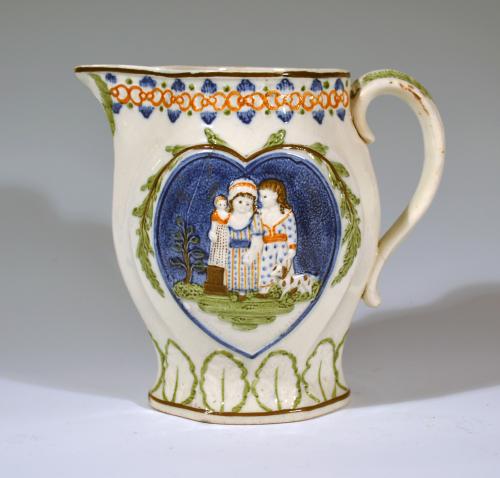 Prattware Pearlware Jug with Children with Heart-shaped Panels
