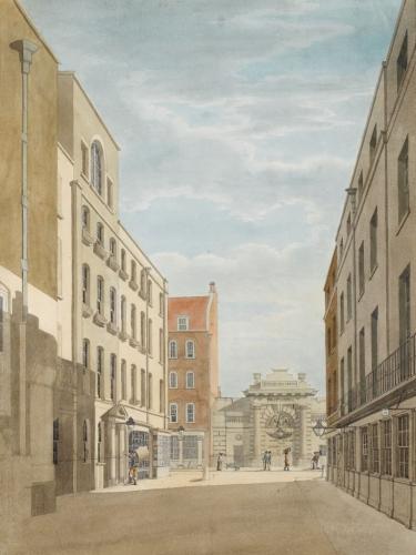 Thomas Malton, Jun.  (1748-1804), The Entrance to Spring Gardens looking towards the Phoenix Fire-Engine House, Old Cockspur Street, circa 1790