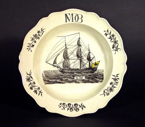 Antique English Wedgwood Creamware Soup Plate with Ship Flying the Flag of the last German Emperor of the Holy Roman Empire, Fra