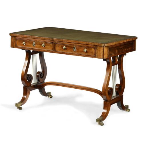 Regency rosewood and brass mounted lyre end library table attributed to Gillows