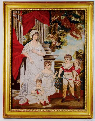 Large English Silk and Wool Portrait of Mother & Her Four Children, After John Hoppner R.A., Circa 1810-20.