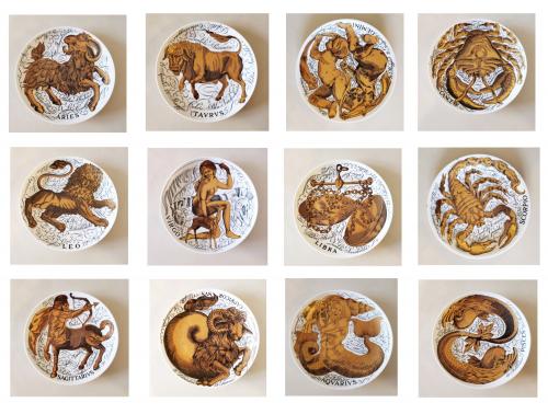 Vintage Piero Fornasetti Porcelain Zodiac Plates, Astrali Pattern, Complete set of Twelve