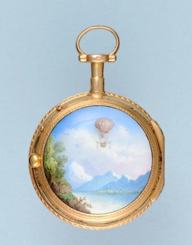 Gold and Enamel Pocket Watch with Rare Ballooning Scene
