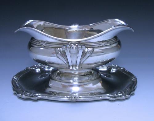 DOUBLE- LIPPED ANTIQUE FRENCH SILVER SAUCE BOAT ON STAND
