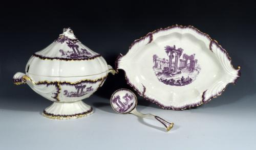 Antique English Neale & Co Creamware Puce-decorated Sauce Tureen, Cover, Stand and Ladle.