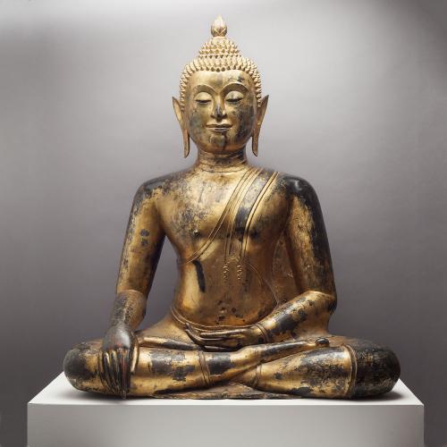 Seated Thai Buddha Gilded and Lacquered Bronze