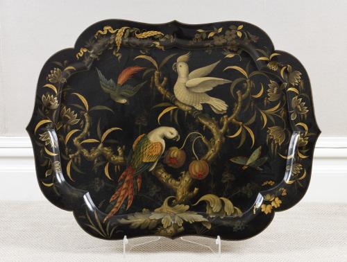 Exceptional Flora and Exotic Birds Finely Painted Paper Mache Tray