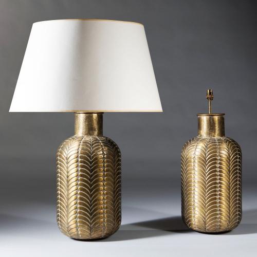 A Pair of Palm Leaf Pattern Brass Lamps
