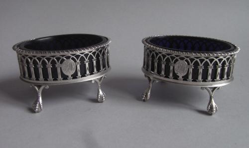 RAINE, THE COUNTESS SPENCER. An extremely rare & unusual pair of George III Neo Gothic Salt Cellars made in London in 1774 by Th