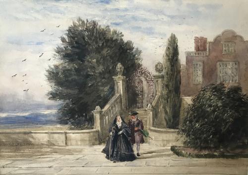 A terrace with figures in historical costume, David Cox (British, 1783-1859), Framed