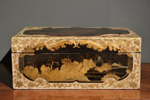 A Chinese Export white black and gold lacquer box