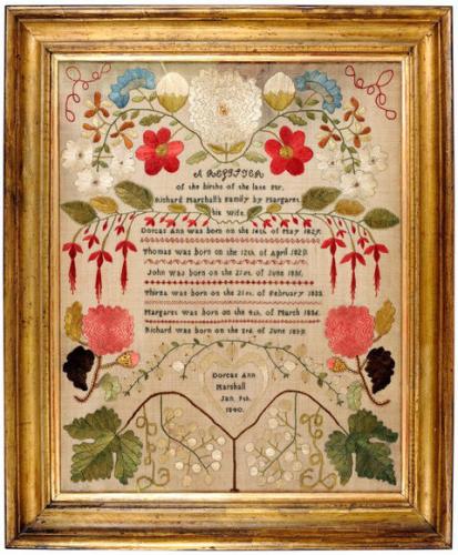 Brightly coloured family register sampler worked by Dorcas Ann Marshall, Jan 9th 1840