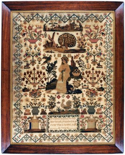 Mid 19th century sampler by Frances Sophia Pymer aged 12 years dated 1843