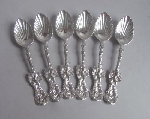 A very unusual set of six cased Naturalistic Teaspoons made in London in 1839/40 by William Theobalds and Robert Atkinson.