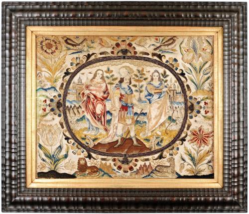 Fine and colourful seventeenth century embroidered needlework picture