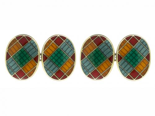 Cufflinks in Patterned Enamel over Silver Gilt, English dated 1992