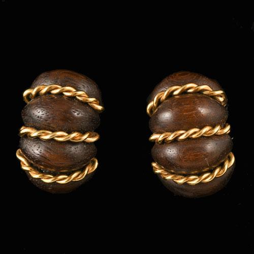 Gold Wood Clip Earrings, circa 1960-70