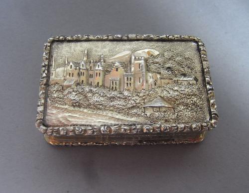 A very rare William IV silver gilt castle top Vinaigrette depicting an unusual view of Abbotsford House made in Birmingham in 1835 by Taylor & Perry