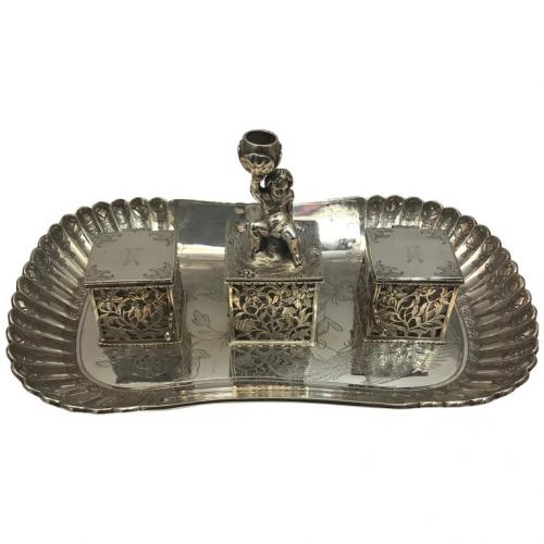 19th century Silver double inkwell